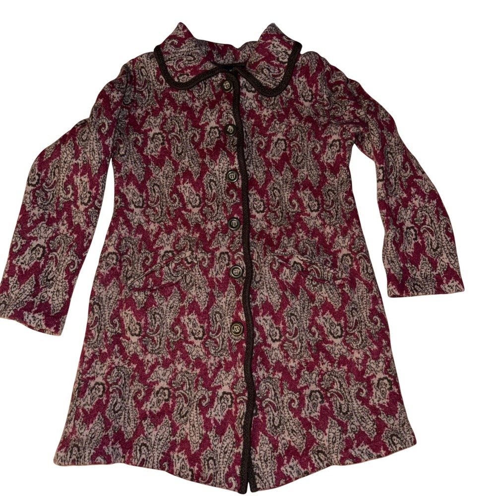 Women's Wool Burgundy Grey Paisley‎ Knit Coat Jacket Button Up Pockets